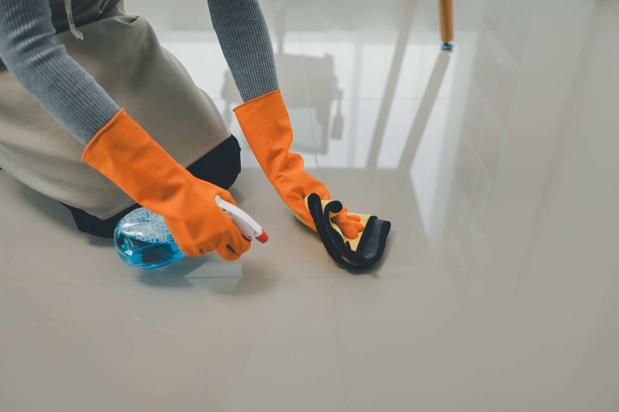 Clean the floor with a mop, Clean the floor in the living room, Clean the rooms inside the apartment